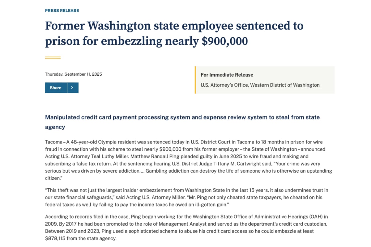 Washington State Employee Stole $900K to Fund Gambling Addiction